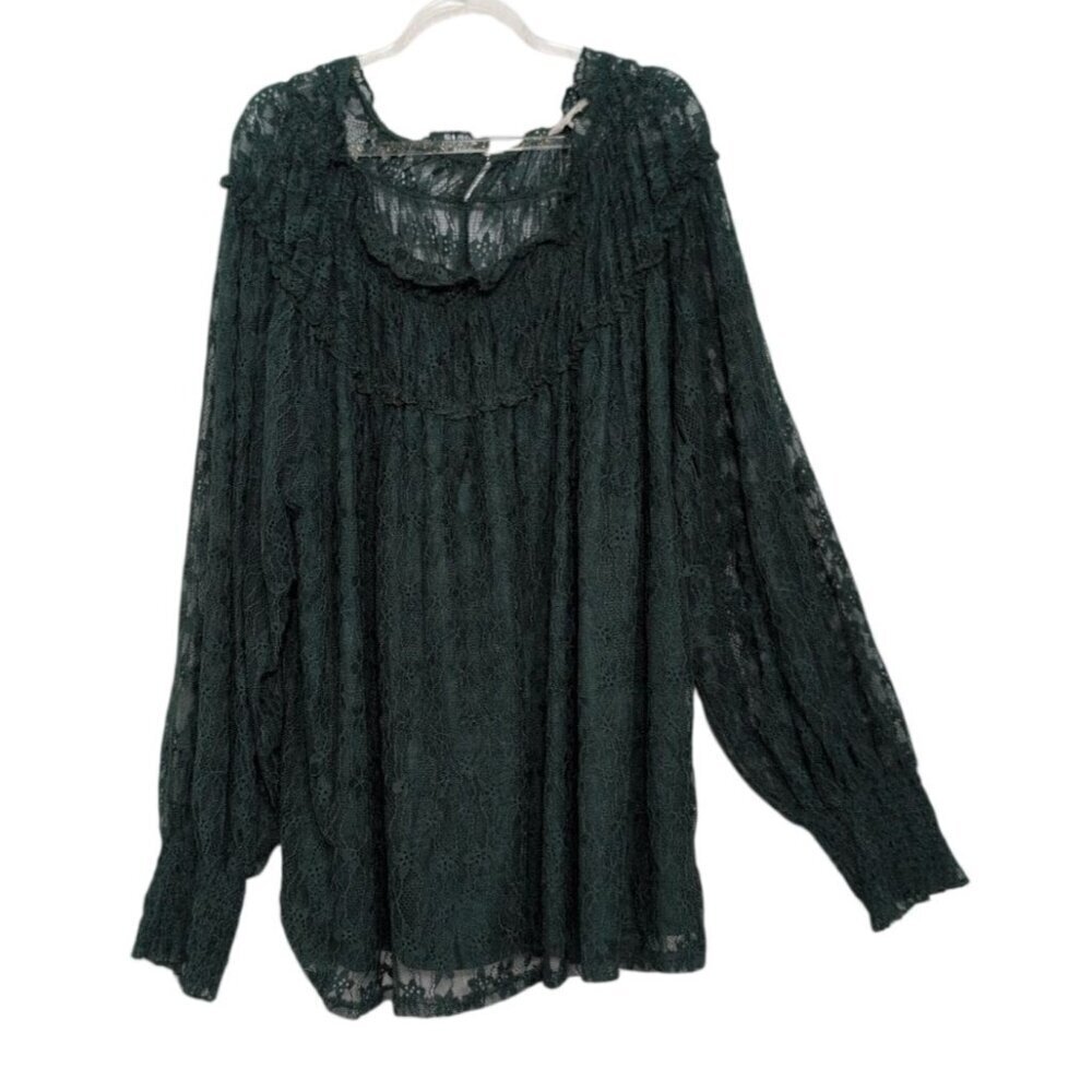 Cato Floral Lace Overlay Shirt Womens Plus Size 22/24W Green Smocked Romantic